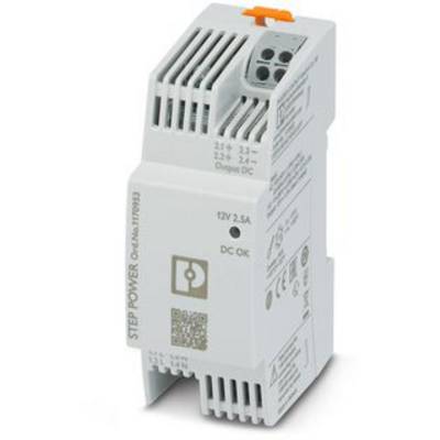 Šedý napájecí zdroj STEP POWER s oranžovým klipem nahoře a připojovacími svorkami pro 12V a 2,5A. Indikátory zobrazují 'DC OK'.