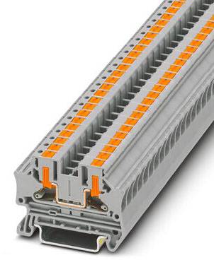 Šedooranžová řadová svorkovnice pro rozváděč, zobrazená v nakloněném pohledu. Připomíná malé obdélníkové pouzdro s připojovacími řadami.
