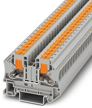 Šedý, dvouřadý elektrický konektor s oranžovými pákami, používaný pro kabelové zapojení a propojení.
