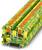 Svorka se zeleno-žlutým pouzdrem a oranžovými kontakty slouží k bezpečnému elektrickému propojení v rozvaděčích.
