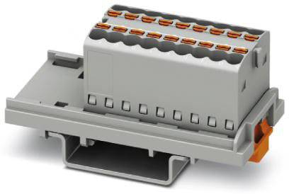 Šedý elektrický modul konektorů s několika sloty a oranžovými kontaktními svorkami na montážním rámu.