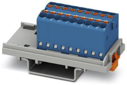 Modrý elektrický konektor na šedé montážní liště s několika oranžovými svorkami.