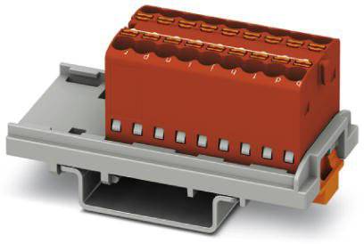 Šedý a červený elektrický konektor namontovaný na držáku. Konektor má několik kontaktních míst pro připojení kabelů.