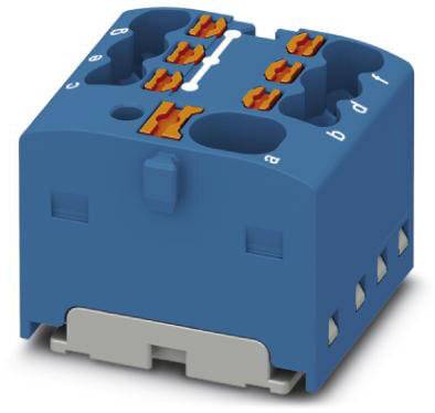 Elektronický propojovací prvek v modré a oranžové barvě s konektory pro kabely. Slouží k elektrotechnickému propojení.