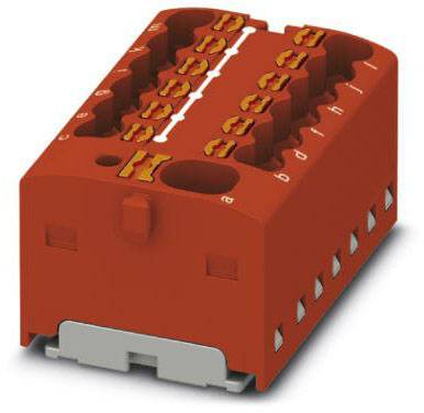 Červený elektrický konektor s popisky a několika připojovacími body v obdélníkovém tvaru.