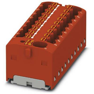 Červený elektrický rozvodný blok s několika vstupy a svorkami pro zapojení, používaný pro rozvodné instalace v rozváděčích.
