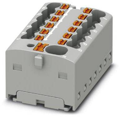 Obrázek šedého, obdélníkového elektronického konektoru s několika oranžovými svorkami nahoře. Vhodný pro elektrické aplikace.