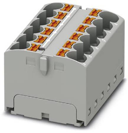 Šedý elektrický rozvodný blok se dvěma řadami oranžových svorkovnic určený pro propojování drátů.