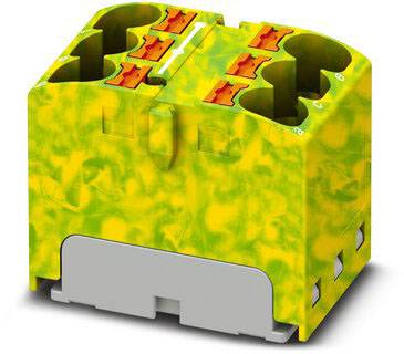 Plastový prvek ve žluto-zelené barvě s červenými kontakty a stříbrnou základnou, pravděpodobně elektrická součástka.