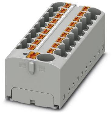 Elektrický konektor s několika oranžovými svorkami na šedém pouzdře.