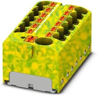 Kompaktní žluto-zelený elektrický konektor s několika připojovacími svorkami a oranžovými tlačítky pro upevnění kabelu.