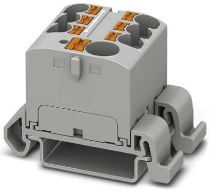 Elektrický konektor v šedé barvě se šesti svorkami a vestavěnými upínacími mechanismy, vhodný pro použití v rozváděčích.