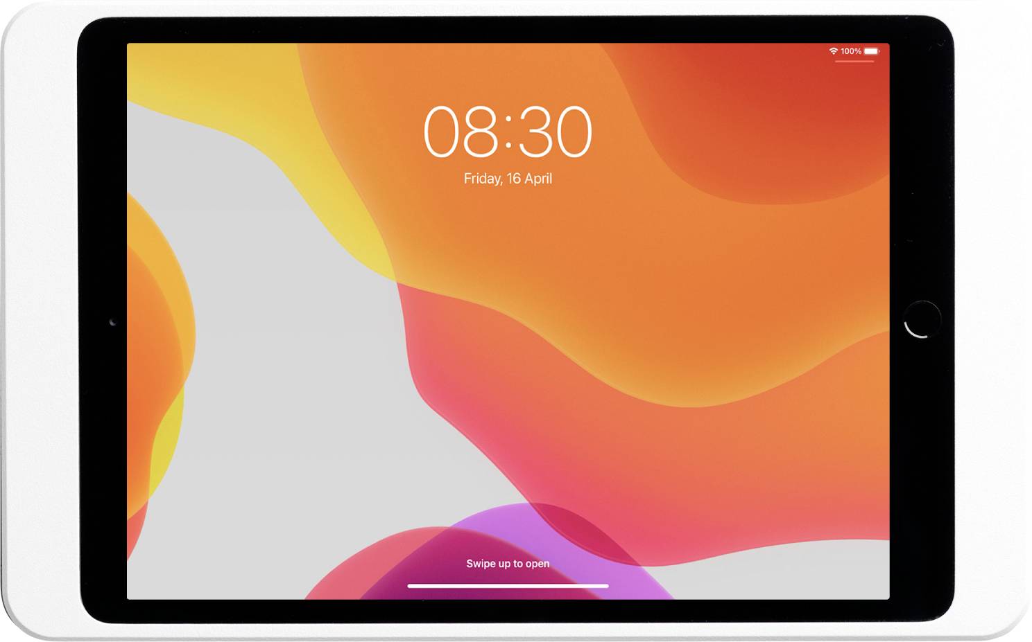 Tablet s aktivním displejem zobrazuje datum 'Pátek, 16. dubna' a čas '08:30'. Pozadí je v oranžovo-šedém odstínu.