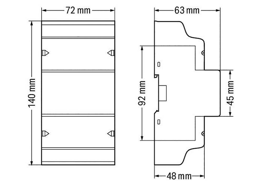 Dvě technické výkresy obdélníkového objektu s rozměry: 72x140 mm a 63x92 mm. Zobrazuje pohledy zepředu a z boku.