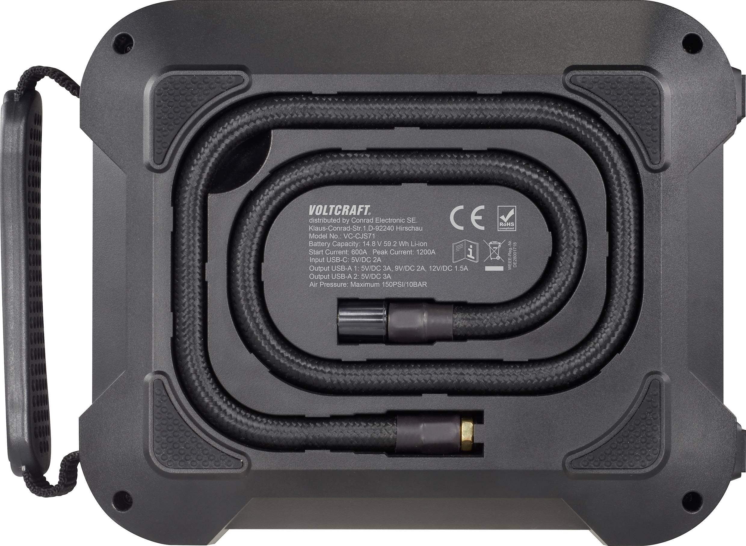 'Voltcrafter Electronic 35W', označení CE, spirálový kabel s kovovými konektory, šedé plastové tělo s rukojetí.