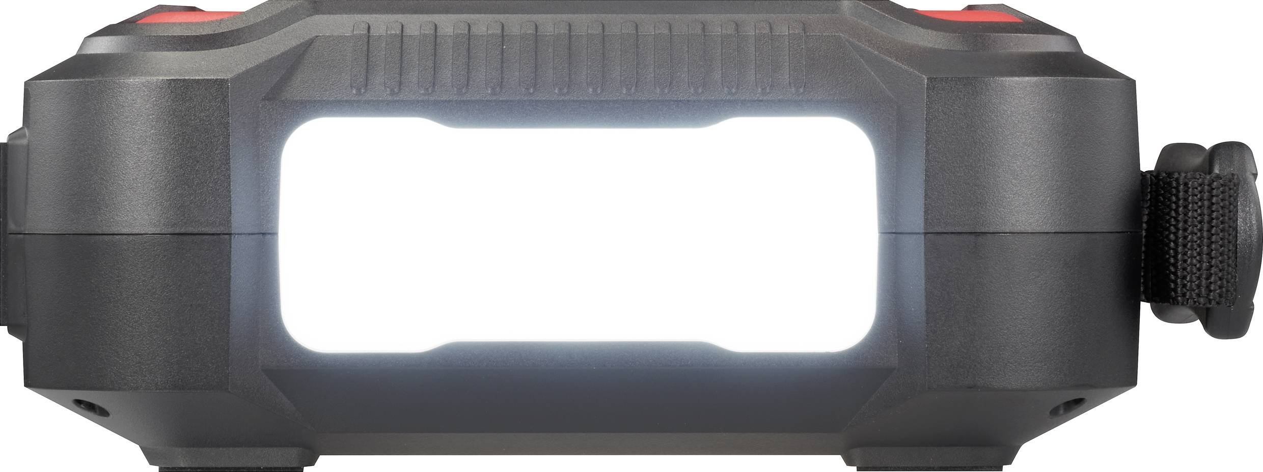 Černočervený LED kryt s jasně svítícím obdélníkovým okénkem uprostřed, po straně je viditelný otočný knoflík.