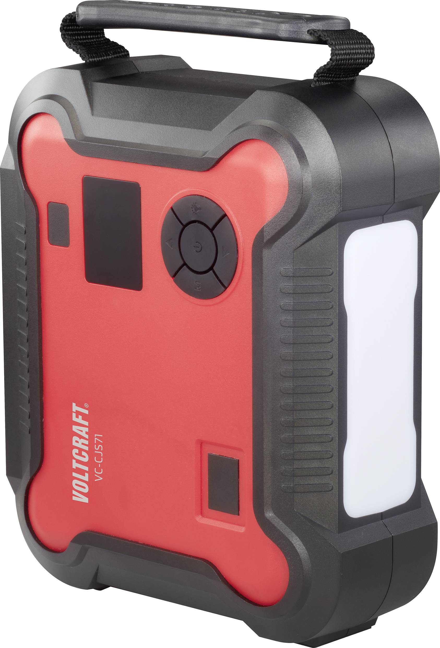 Přenosné červené a černé zařízení s rukojetí, displejem a ovládacími prvky. Název značky 'Voltcraft VC-520'.