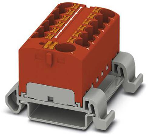 Červený elektrický konektor s několika vstupy, namontovaný na šedém držáku, určený k instalaci na lištu.