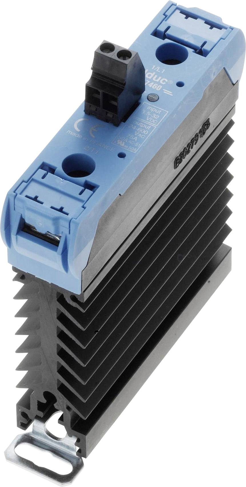 Elektronická součástka s modrou horní stranou a černým chladičem, pravděpodobně výkonový spínač nebo relé.