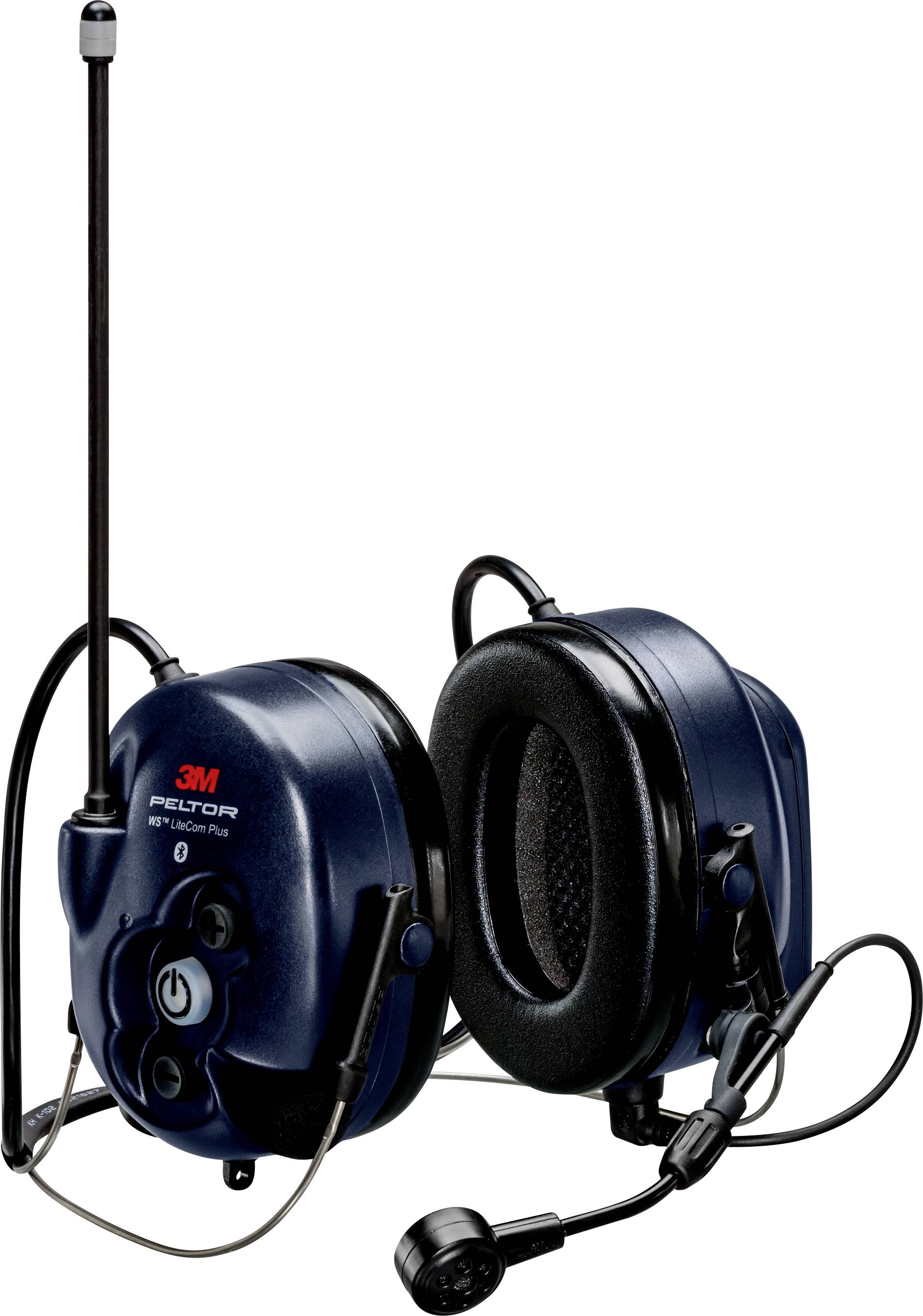 Černá bezdrátová sluchátka Over-Ear s anténou a mikrofonem, model 'Peltor Alert XP'. Navržena pro hlučné prostředí k redukci hluku a komunikaci.