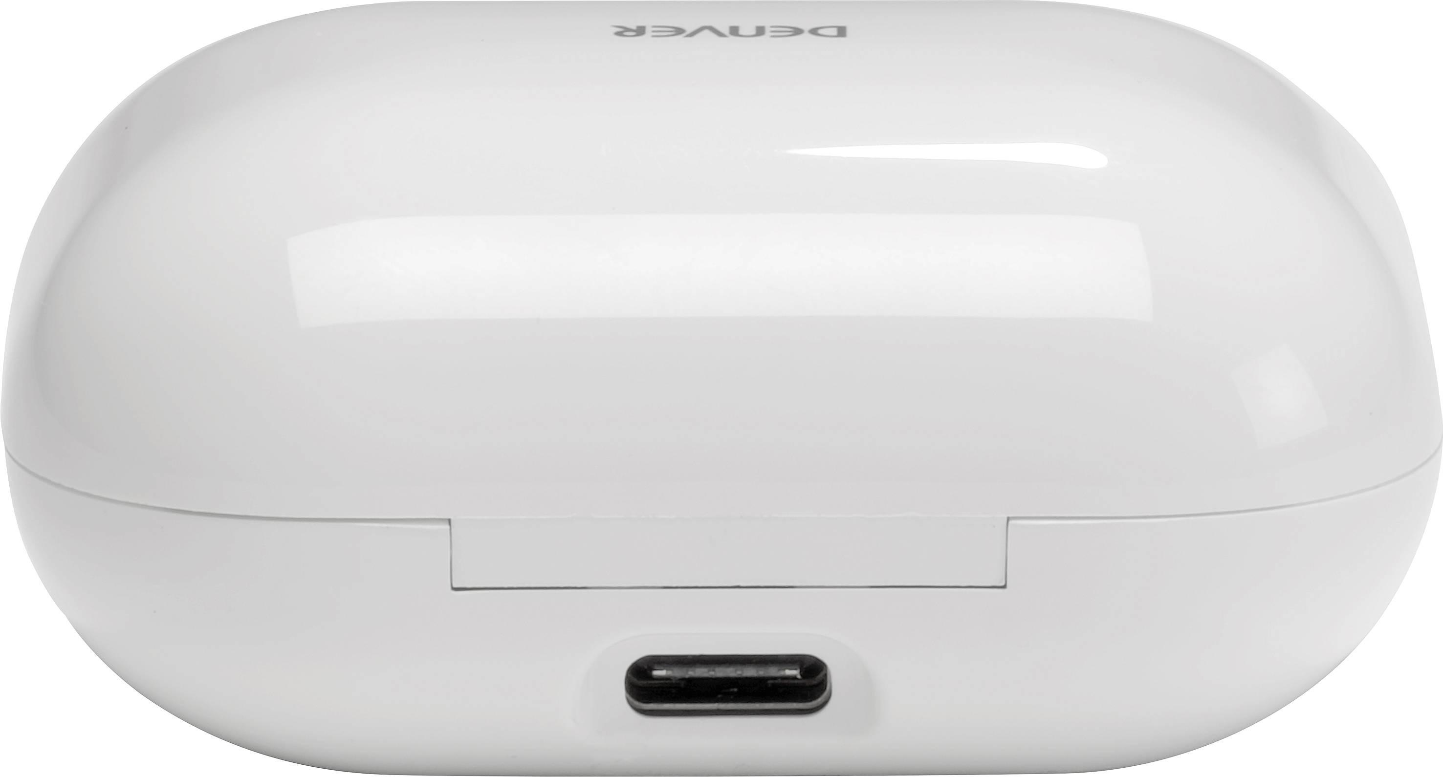 Bílý bezdrátový nabíjecí obal s USB-C portem pro sluchátka; pohled zepředu.