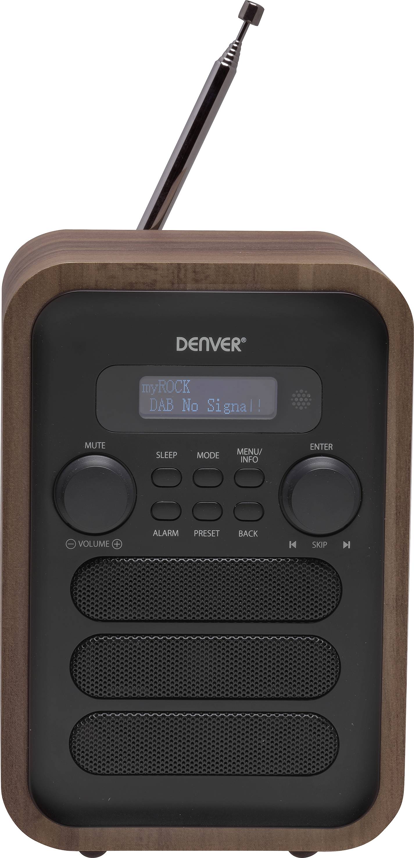 Hnědé retro rádio s anténou, displej zobrazuje 'DAB: Žádný signál'. Tlačítka pro hlasitost, režim a další funkce.