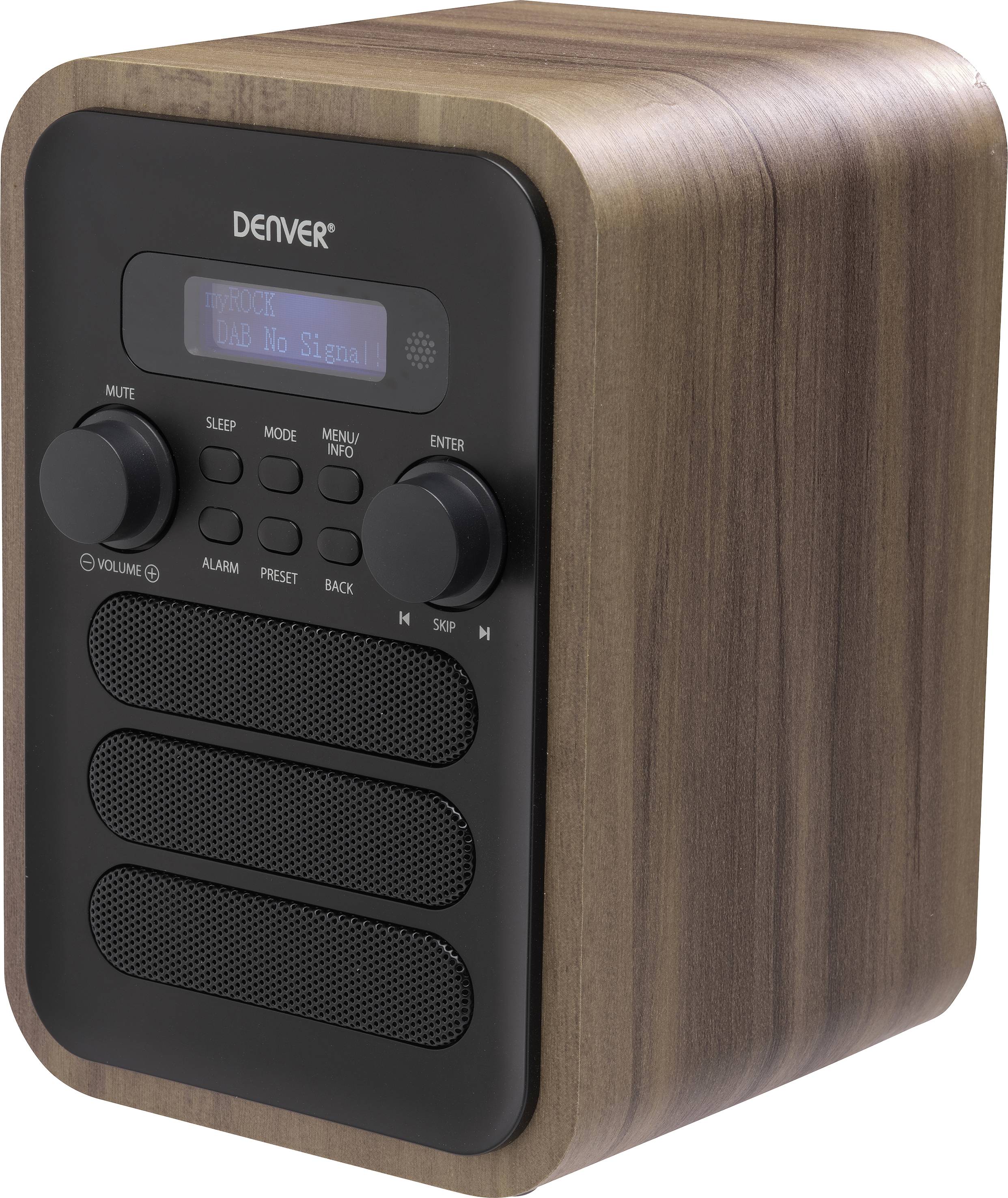 Kompaktní dřevěné rádio obdélníkového tvaru s digitálním displejem a několika tlačítky na přední straně pro ovládání hlasitosti a režimů.
