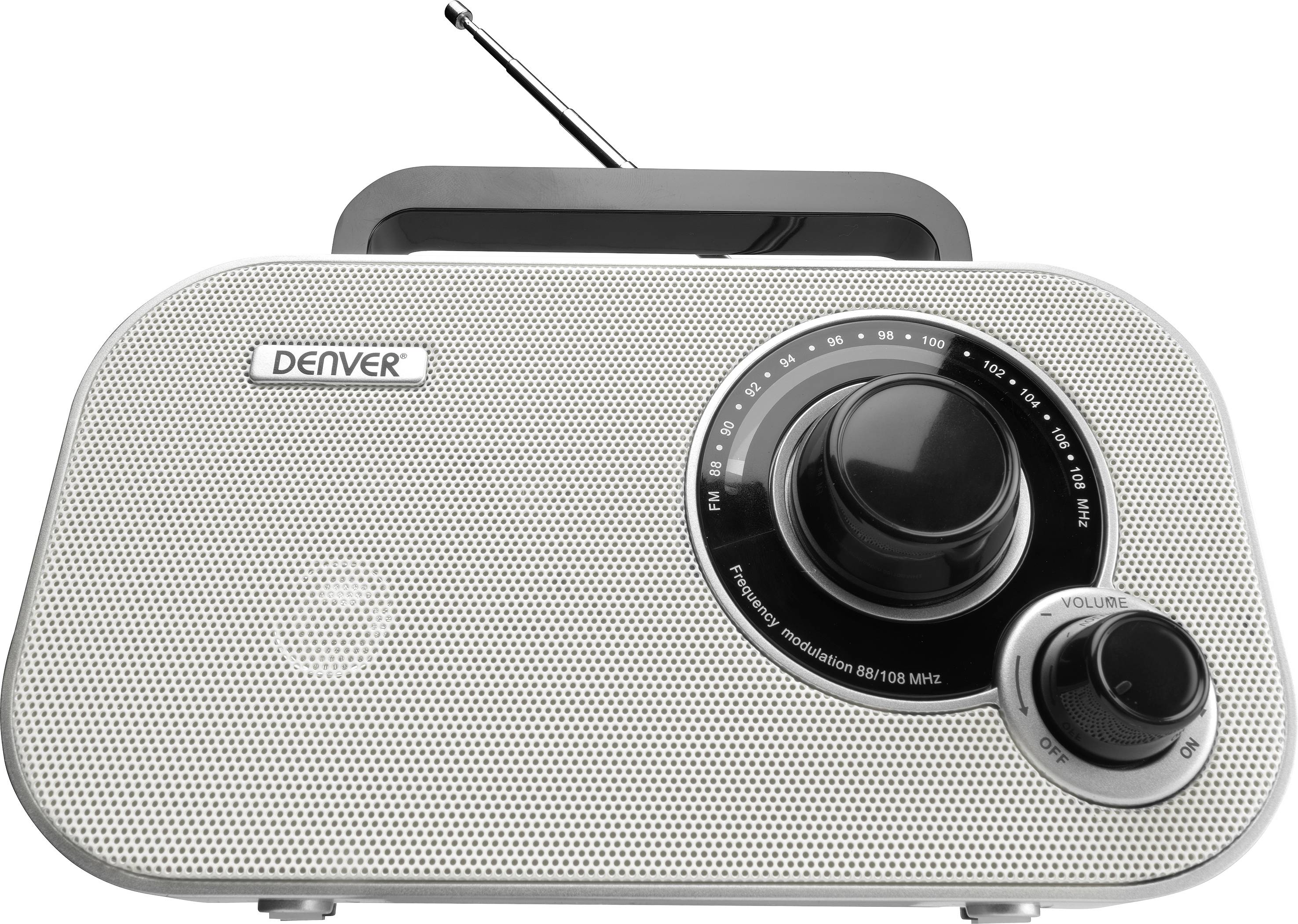 Stříbrné přenosné rádio se dvěma velkými otočnými knoflíky pro nastavení frekvence a hlasitosti. Nahoře vysunutá anténa.