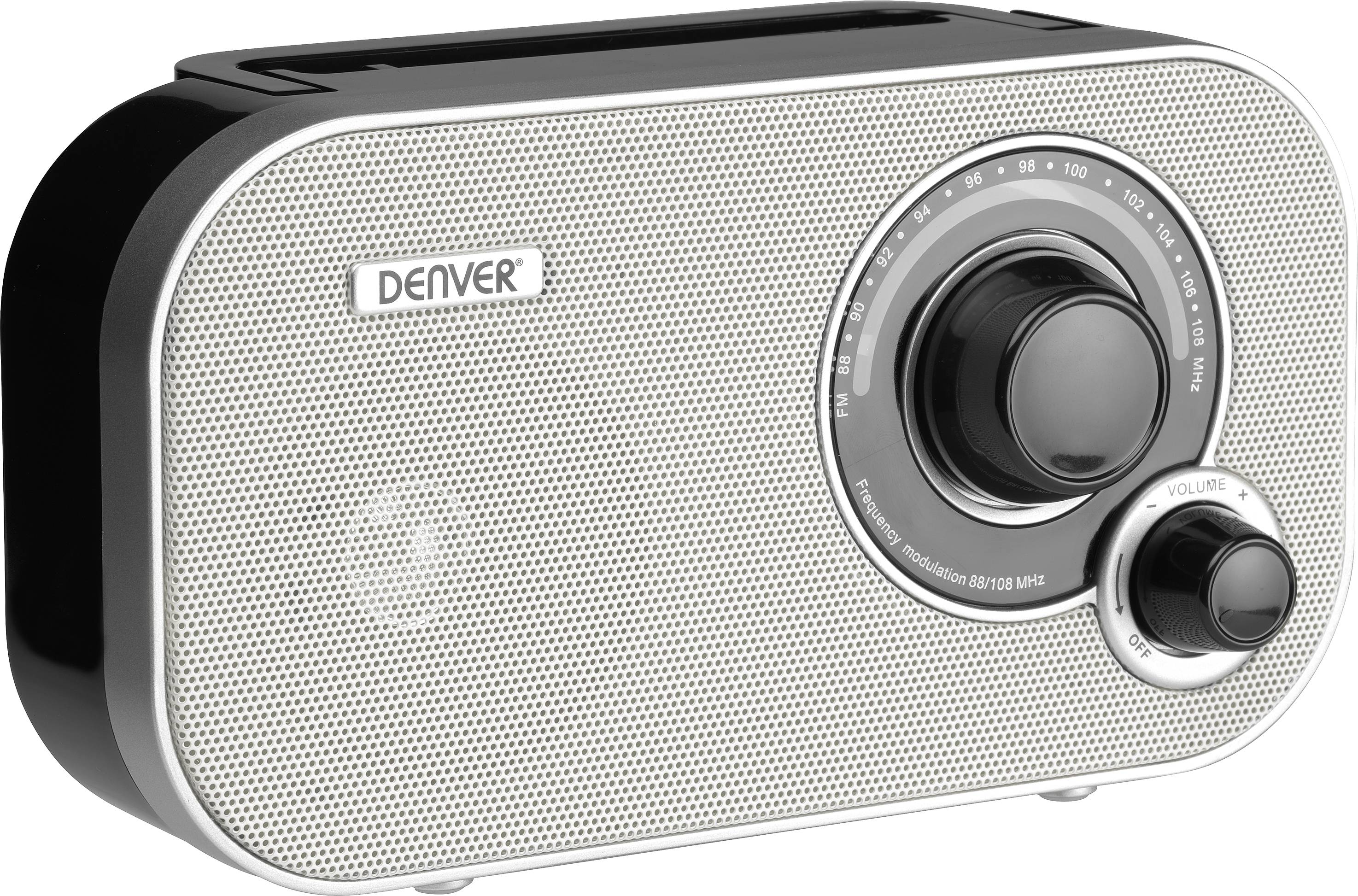 Černobílé retro rádio značky 'Denver' s ovladačem hlasitosti a volbou frekvence na přední straně.