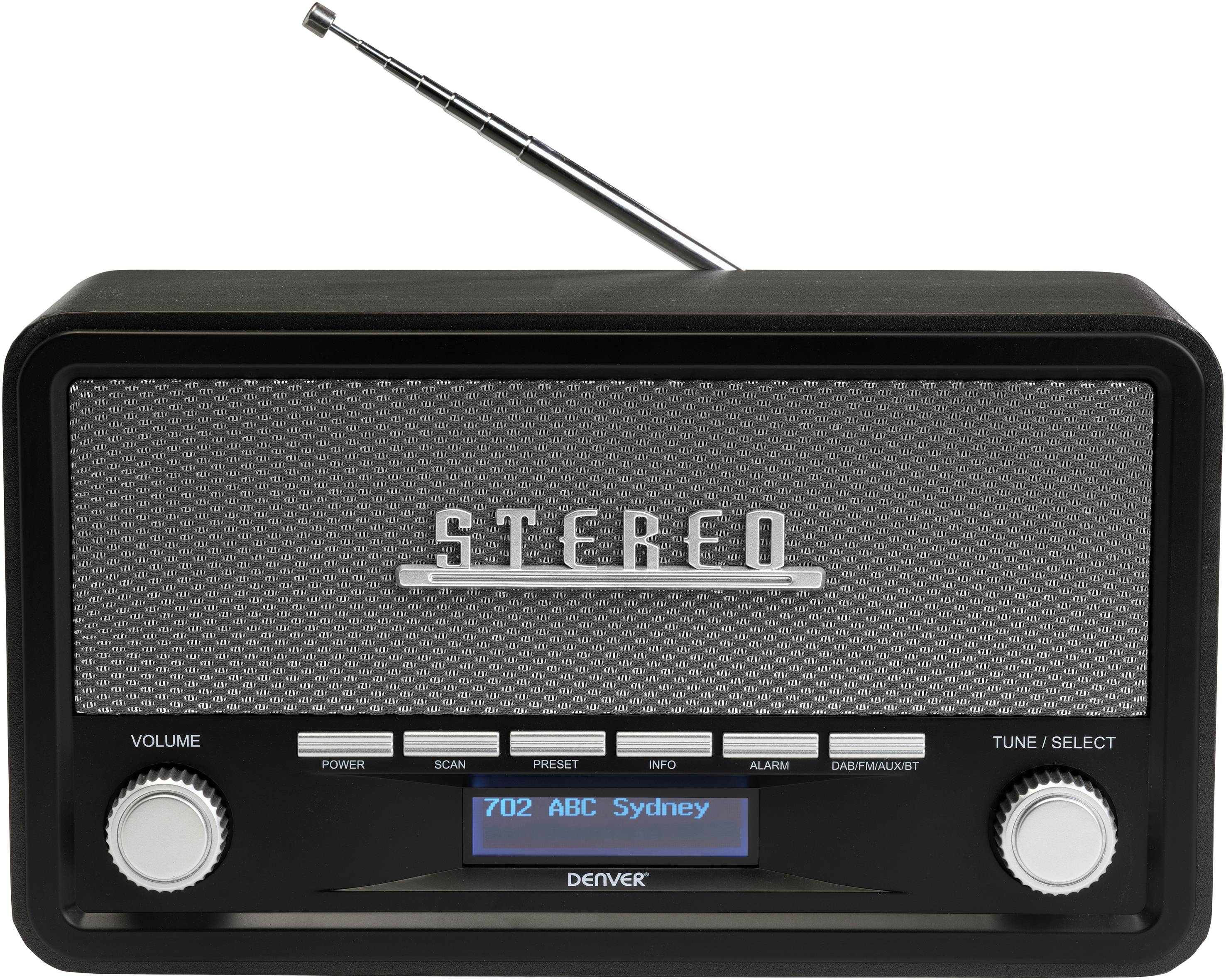 Černé retro rádio s teleskopickou anténou, dvěma velkými otočnými knoflíky a displejem zobrazujícím '702 ABC Sydney'.