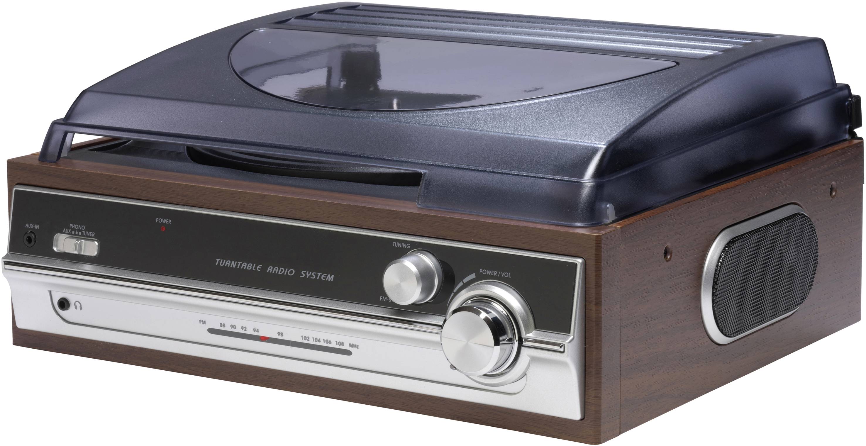Kompaktní retro audiosystém s gramofónem, dřevěným obložením, reproduktorovými mřížkami po stranách a stříbrnými ovládacími prvky.