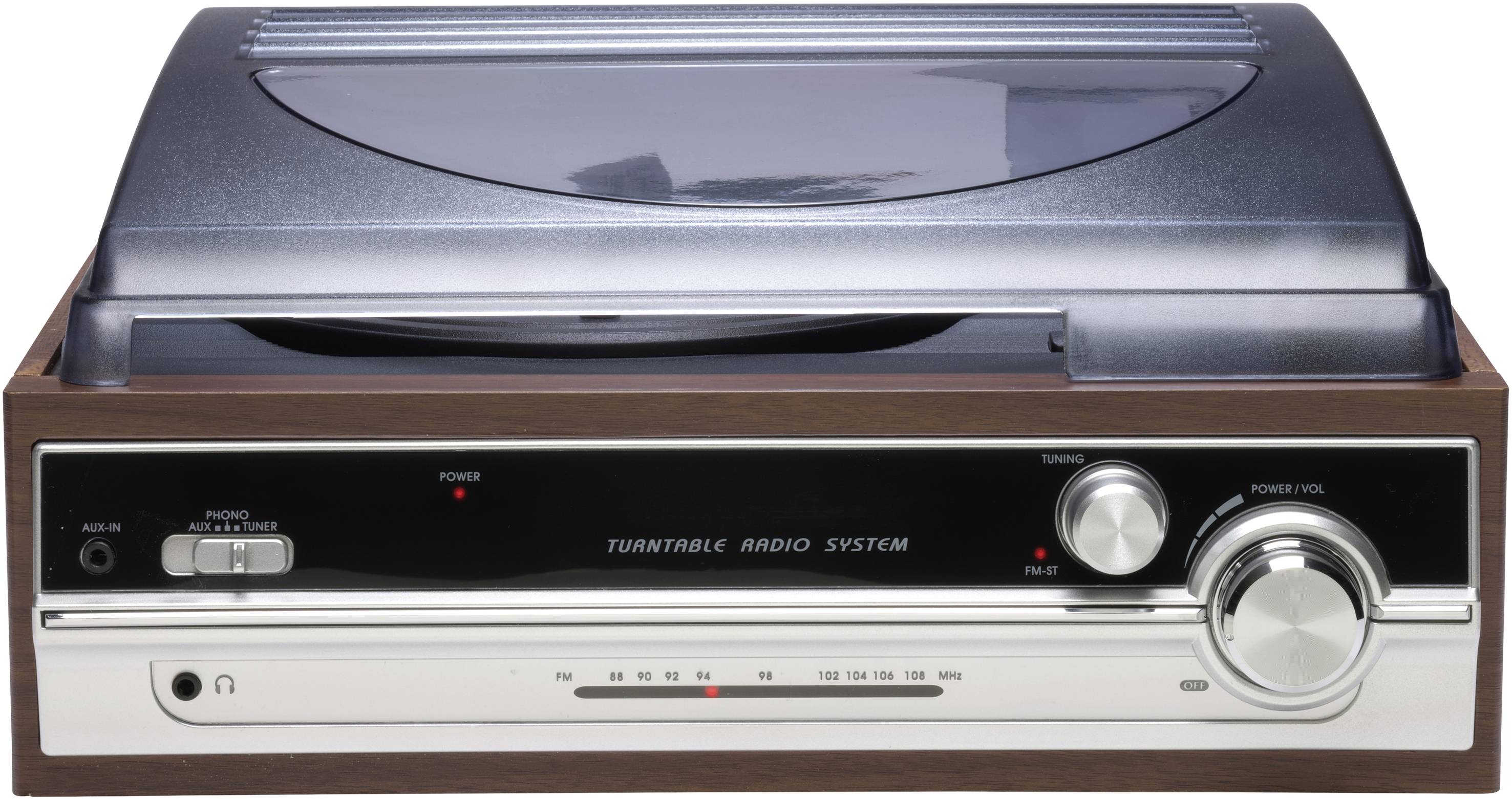 Retro gramofon se dřevěným krytem, stříbrnými ovládacími prvky a černým displejem. Text: 'Audiosystém gramofonu'.