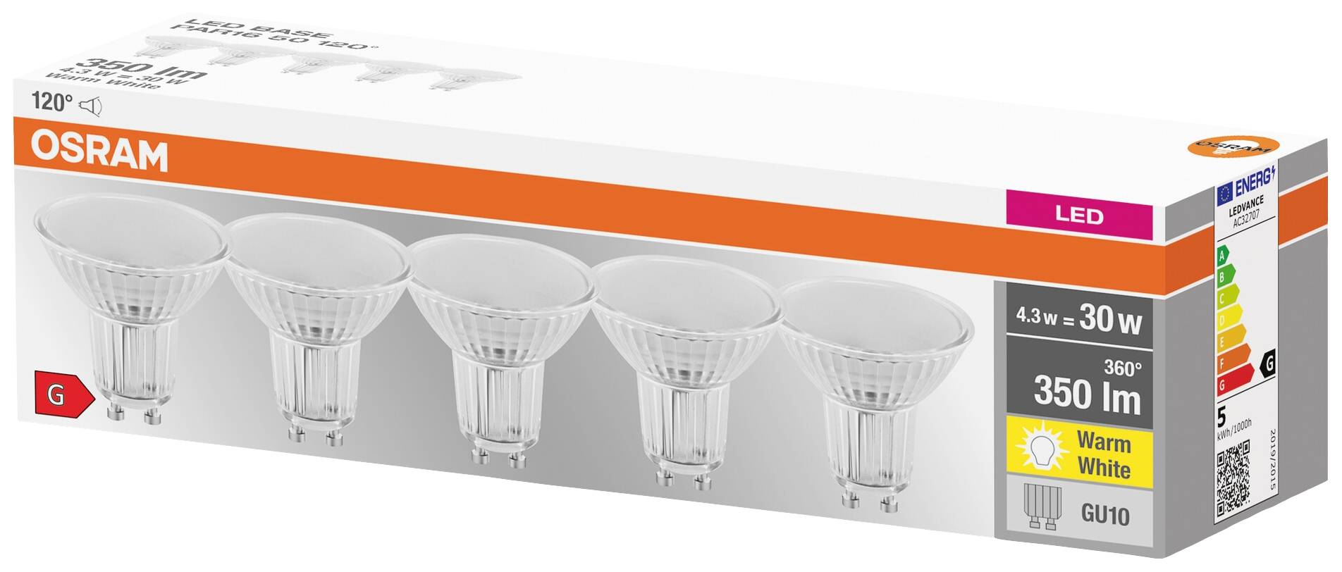 Balení obsahuje pět LED žárovek OSRAM, 4,3 W, 350 lumenů, teplá bílá, energetická třída G. Vhodné pro patice GU10.