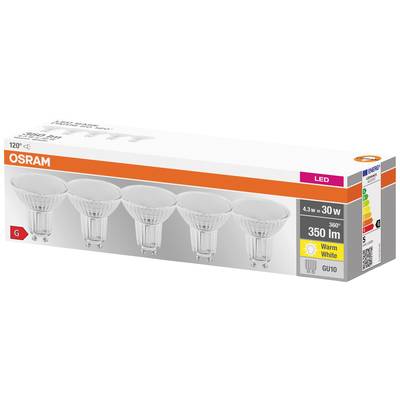 Balení obsahuje pět LED žárovek OSRAM, 4,3 W, 350 lumenů, teplá bílá, energetická třída G. Vhodné pro patice GU10.