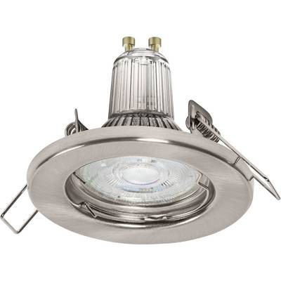 Vestavěný LED reflektor v kovovém pouzdře, stříbrné barvy, který ukazuje energetickou účinnost a moderní design. Vhodný pro montáž na strop.