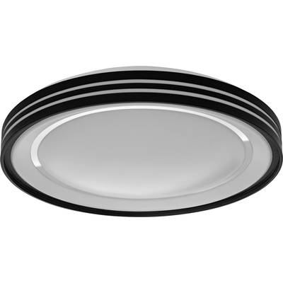 Kulatá, bílá stropní lampa s černým lemováním a jednoduchým, moderním designem.
