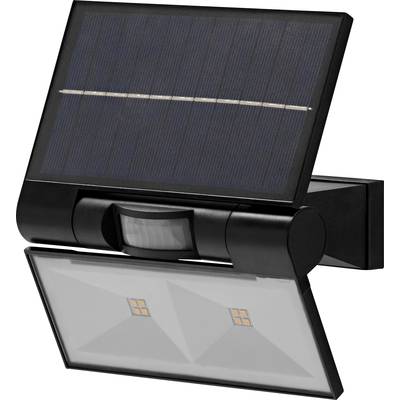 Solární venkovní osvětlení s pohybovým senzorem, obdélníkovým solárním panelem nahoře a LED lampou dole. Vhodné pro úsporné osvětlení.