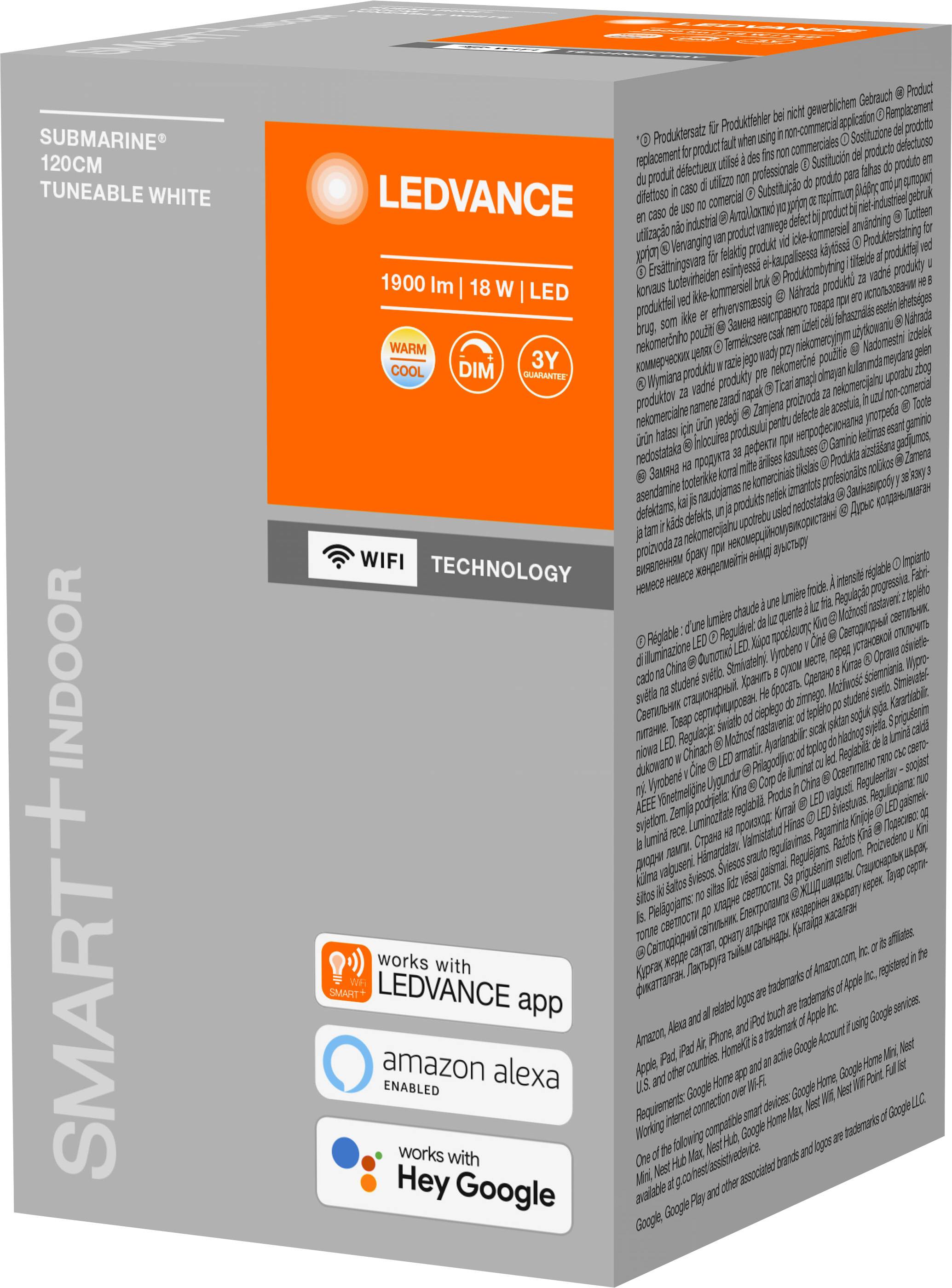 LED lampa od Ledvance s 1900 lumeny, 18 W. Podporuje stmívání, WiFi, ovladatelná přes aplikaci, Alexu a Google Assistant.