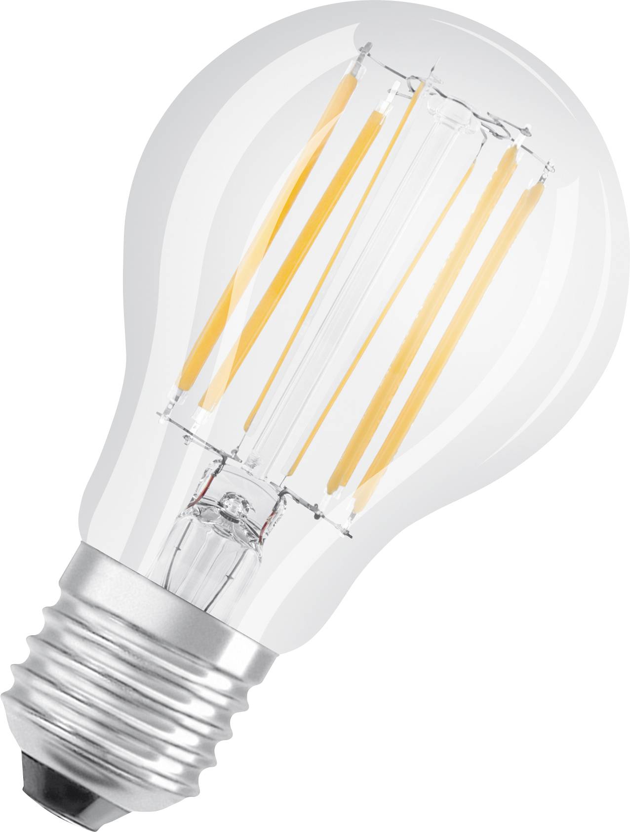 LED žárovka s vlákny, která připomíná tradiční žárovku. Má průhledný skleněný povrch a stříbrnou objímku.