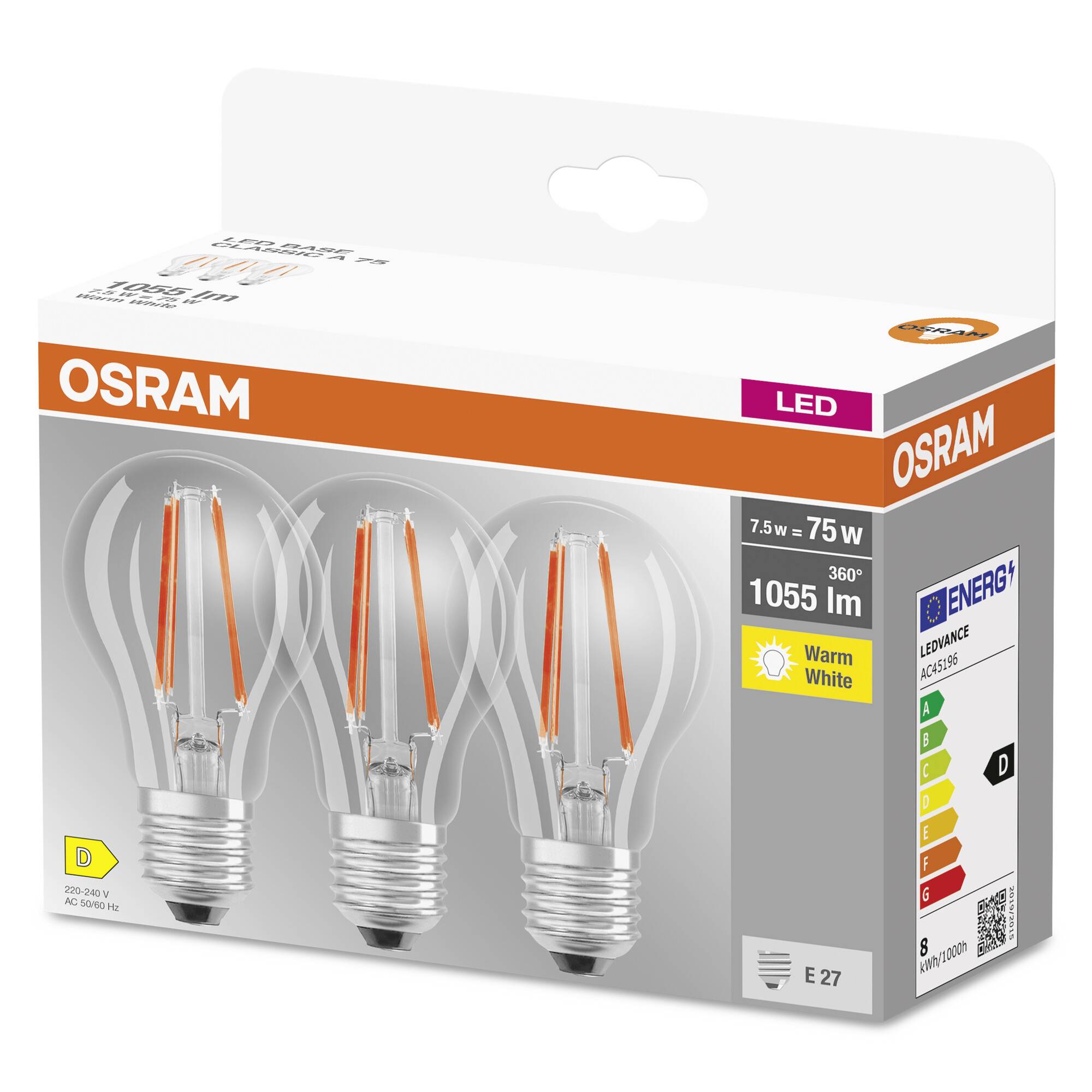 Tři LED žárovky od Osramu v jednom balení. 7,5 W, náhrada za 75 W, 1055 lumenů, teplá bílá, energetická třída D. Patice E27.