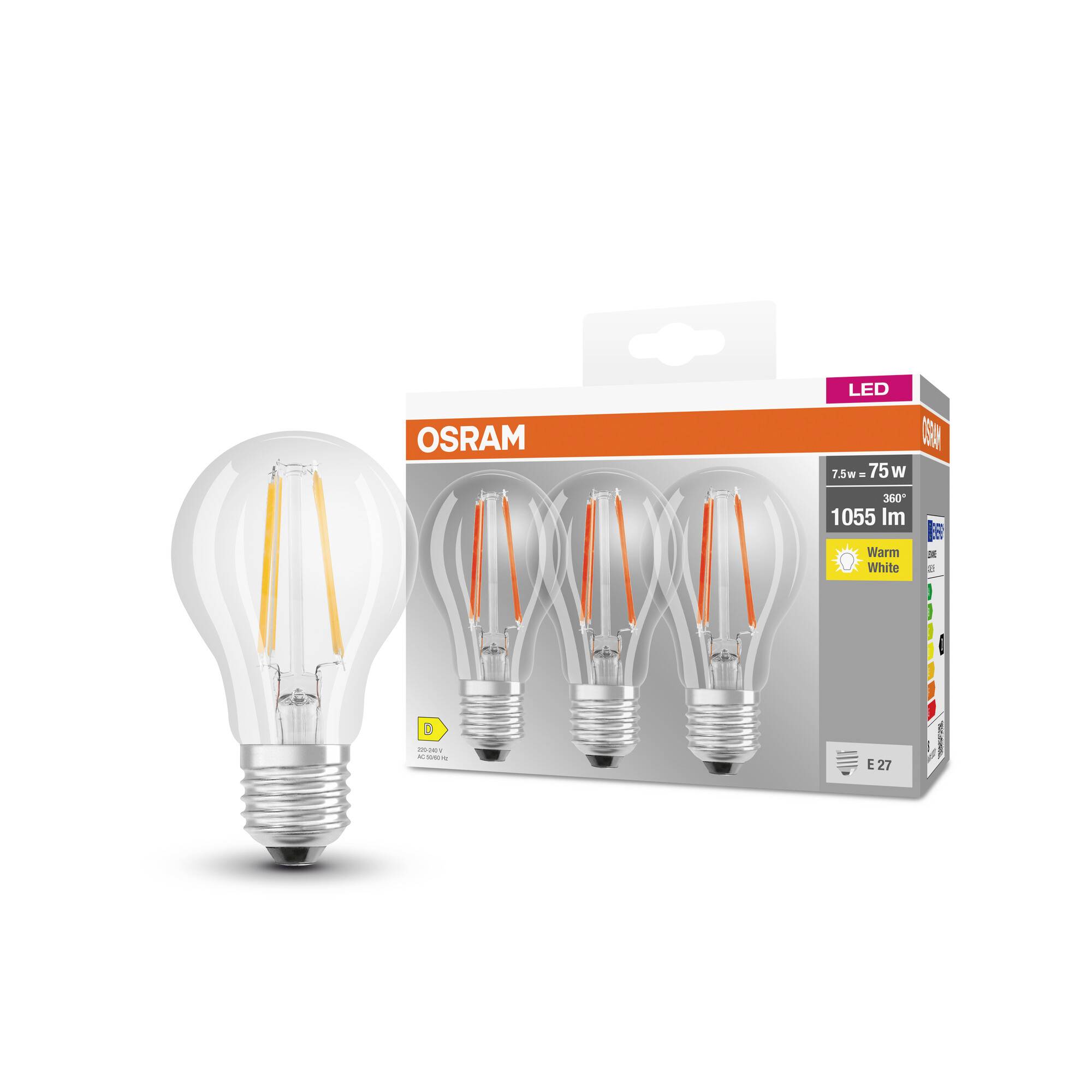 Balení se třemi LED žárovkami OSRAM, 12W odpovídá 75W, 1055 lumenů, teplá bílá, energetická třída D, patice E27.