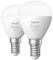 Dvě chytré LED žárovky Philips Hue v bílé barvě. Mají šroubovací patici a lze je ovládat pomocí mobilní aplikace.