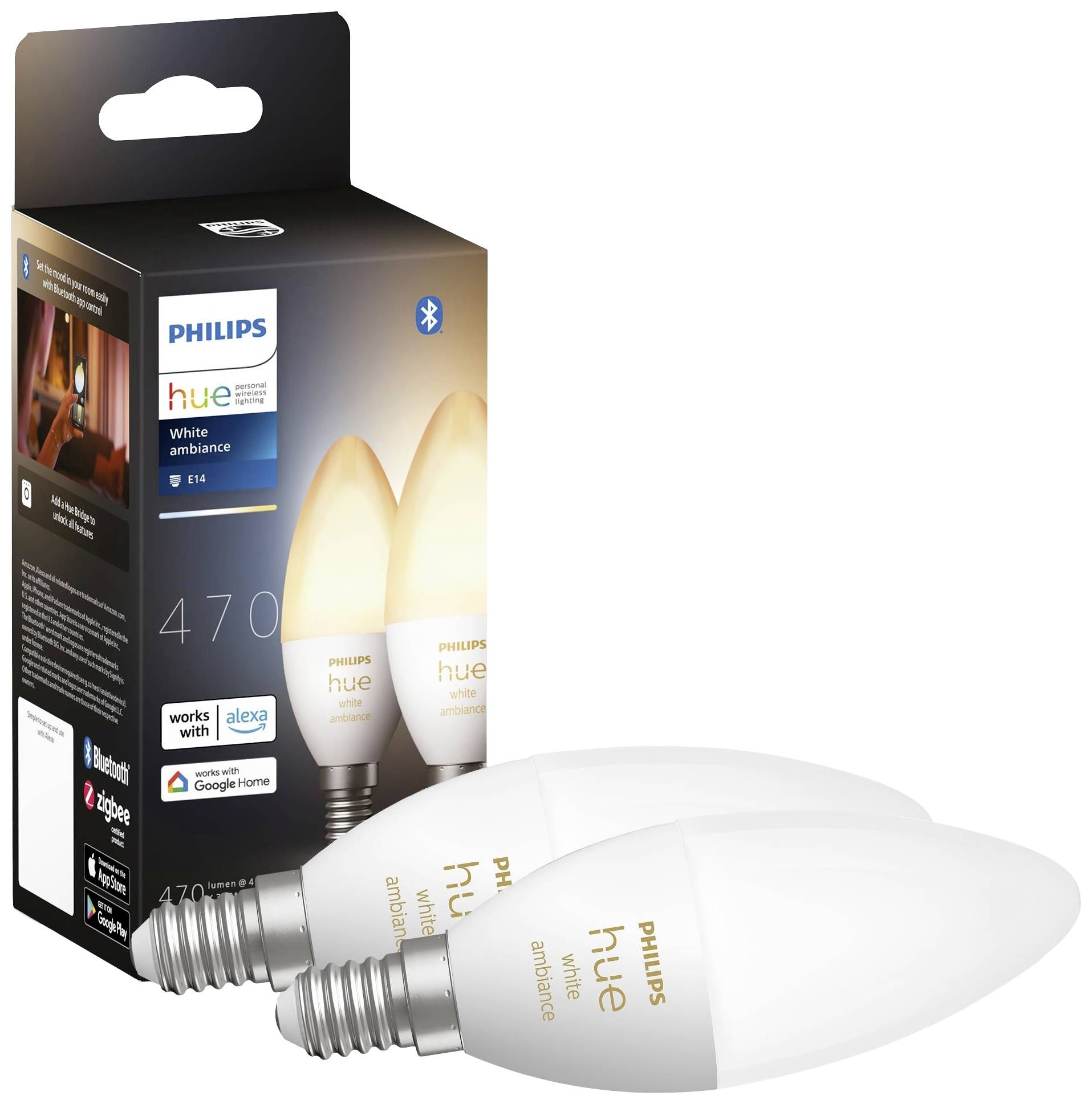 Dvě žárovky Philips Hue White Ambiance před balením. Kompatibilní s Alexou a Google Home. E14, 470 lumenů.