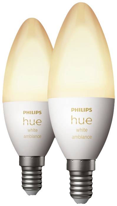 Dva LED osvětlovací zdroje Philips Hue White Ambiance ve tvaru svíčky s paticí E14, svítící, vhodné pro přizpůsobitelné ambientní osvětlení.