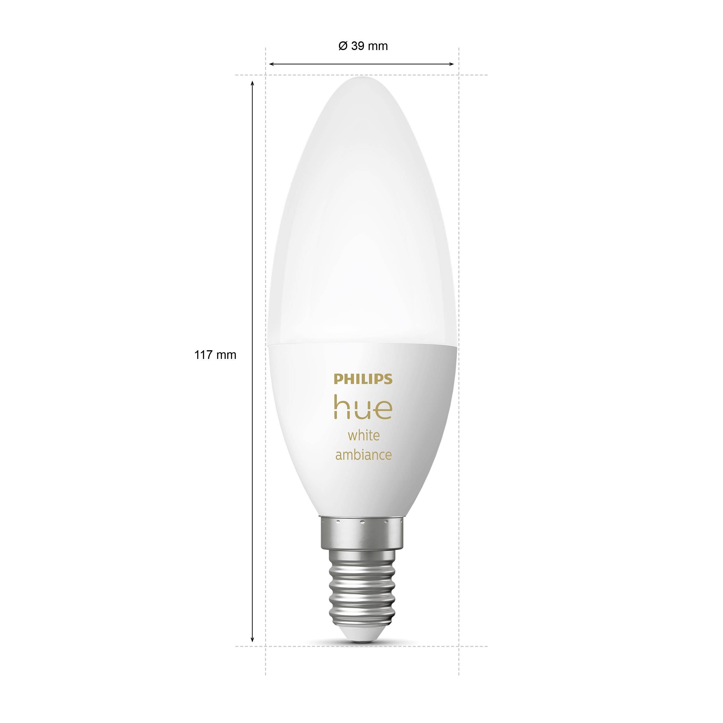 Philips Hue White Ambiance LED svíčková žárovka s rozměry: 117 mm výšky a 39 mm šířky, se socketem E14.