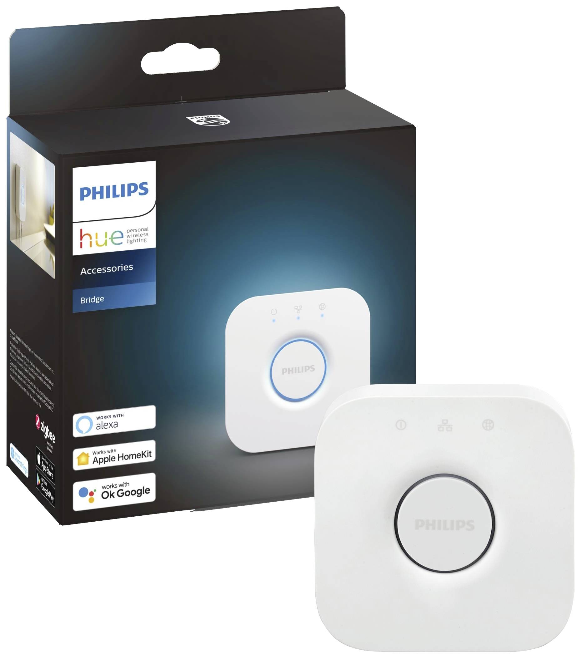 Balení systému 'Philips Hue Bridge' s obrázkem zařízení. Kompatibilní s Alexou, Apple HomeKit, Google Assistantem. Centrální jednotka pro chytré osvětlení.