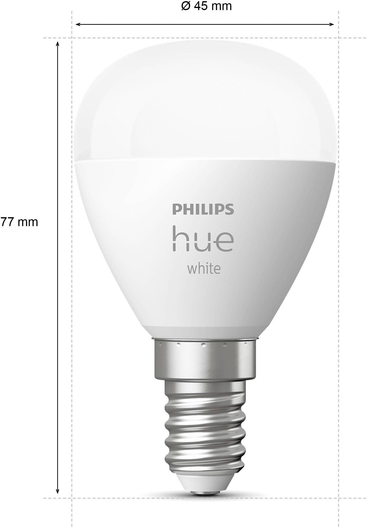 LED žárovka Philips Hue White, rozměry: průměr 45 mm, výška 77 mm.