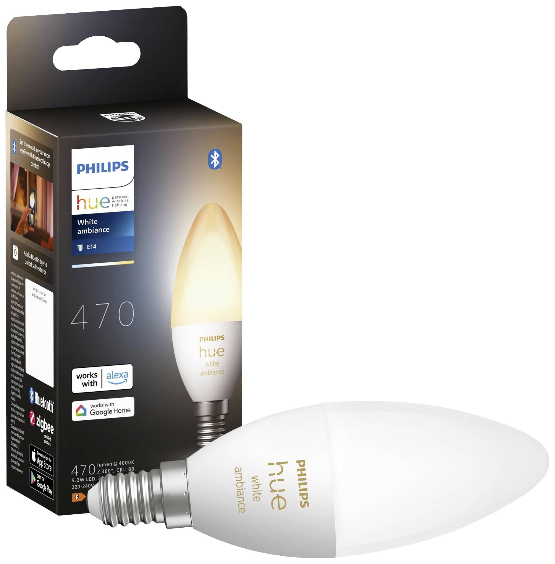 Balení LED žárovky Philips Hue White Ambiance E14, 470 lumenů, s Bluetooth, kompatibilní s Alexou a Google Home.
