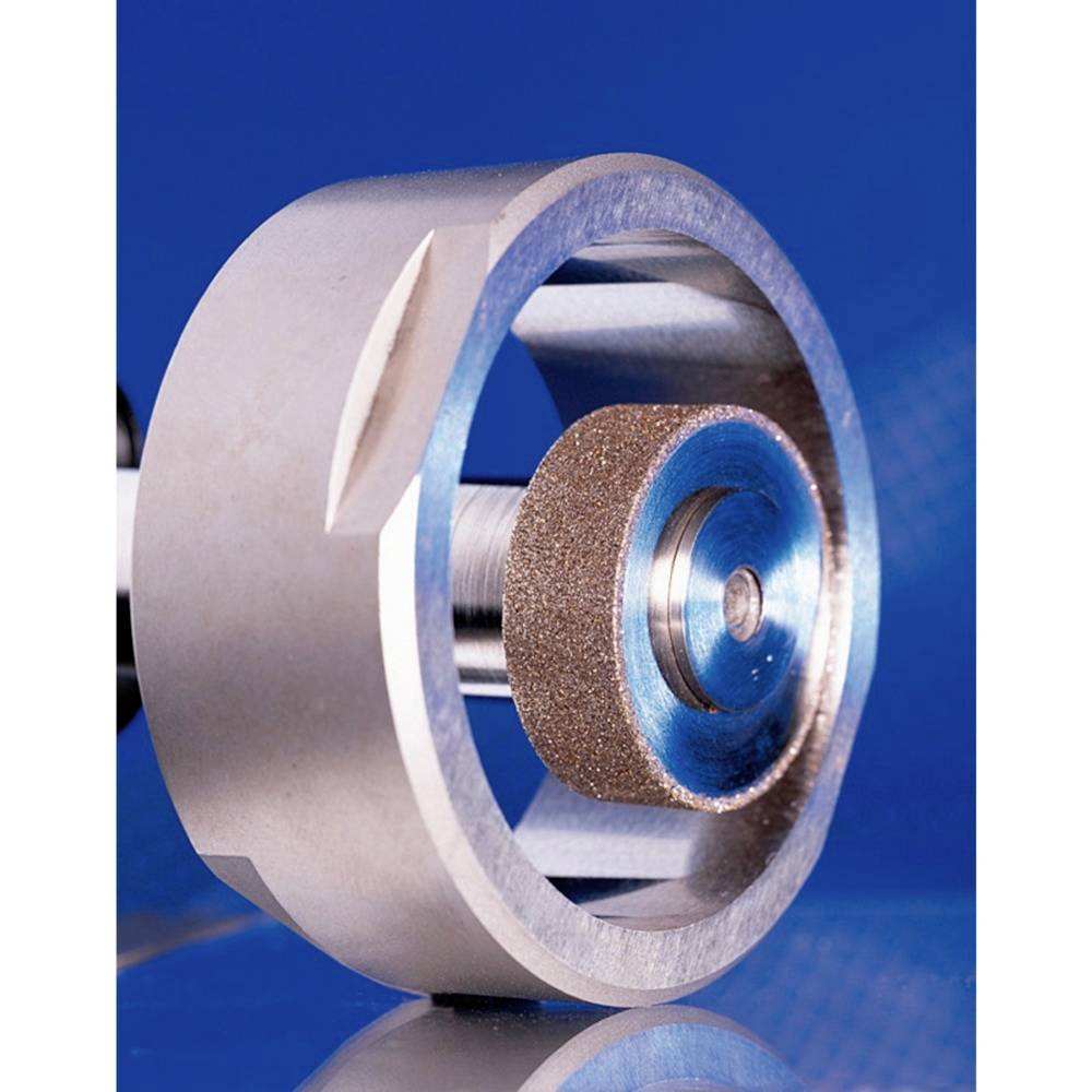 Kovový nástroj s centrálním brusným kotoučem obklopeným vnějším kovovým prstencem na modrém pozadí.