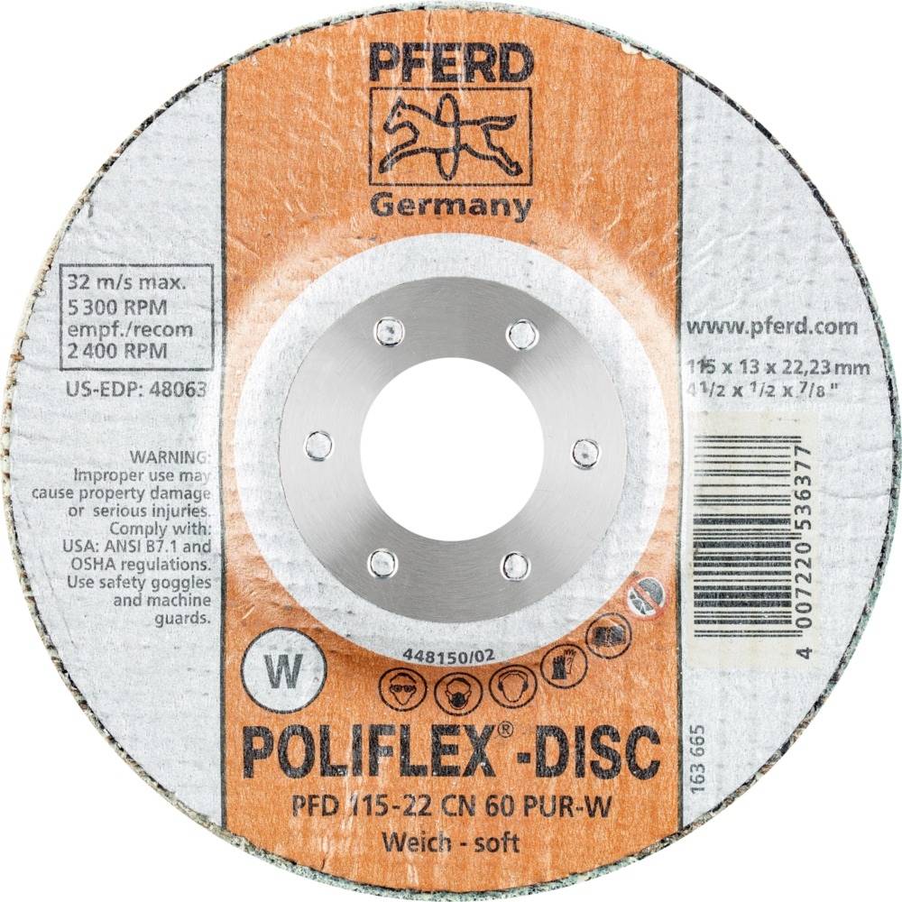 Kotouč: POLIFLEX-DISC od PFERD, měkký, max. 32 m/s, 5300 ot./min. Pro bezpečné použití noste ochranné brýle a rukavice.